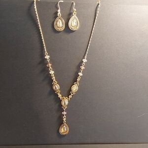 Vintage Avon Faux Amber Teardrop Goldtone Lariat Necklace & Earring Set